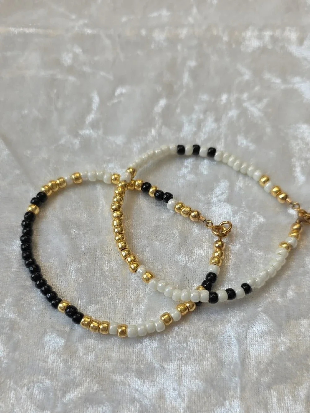 Gold Accent Black & White Beaded Bohemian, Colorblock Bracelet Set